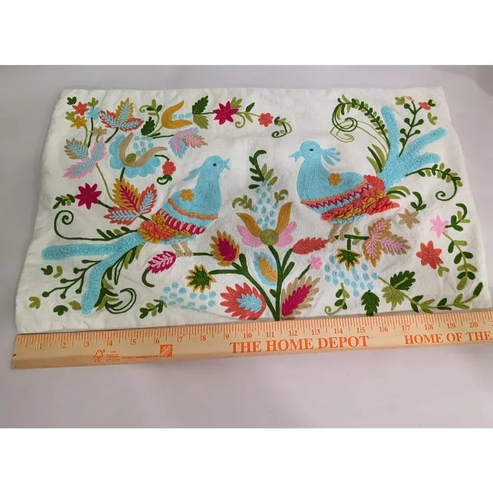 Embroidered Pillow Cover Folk Art Bird Floral Lumbar White Cream 22x14